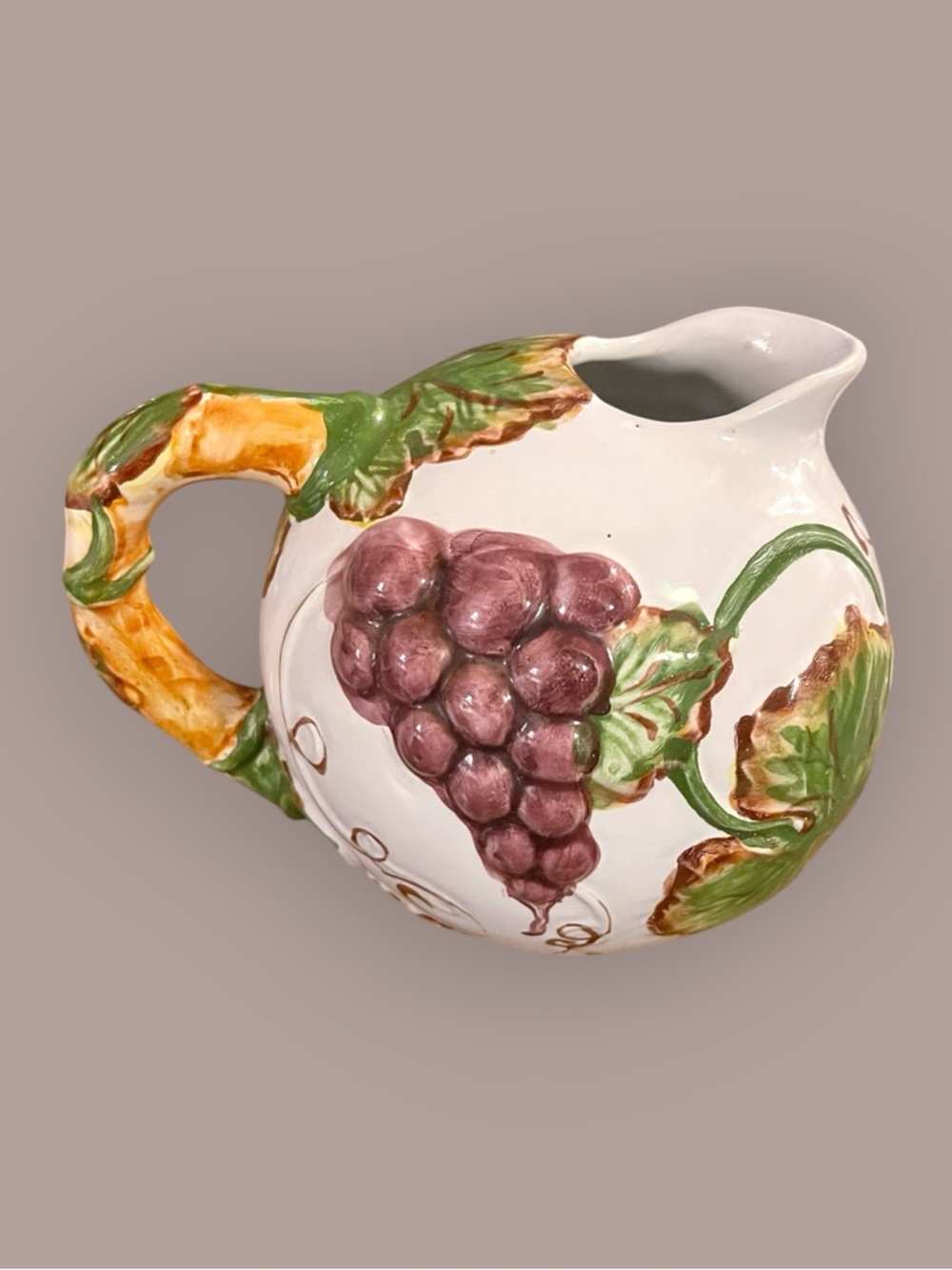 Vintage Ball Shaped Water Pitcher Grapes & Vine Leaves, Made In Portugal 🍇